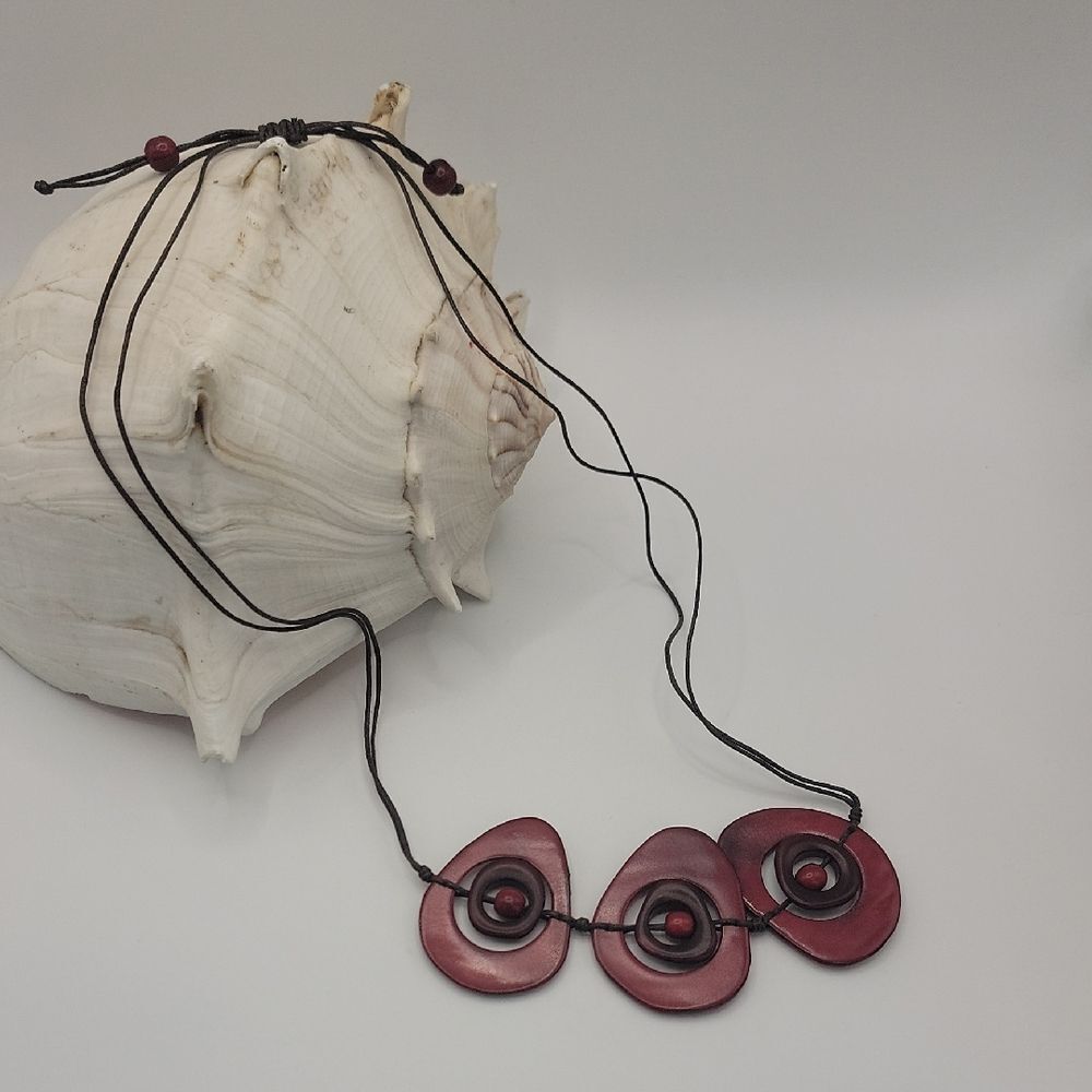 Estate Jewelry Tagua Nut Necklace Burgundy Hue Adjustable Cord